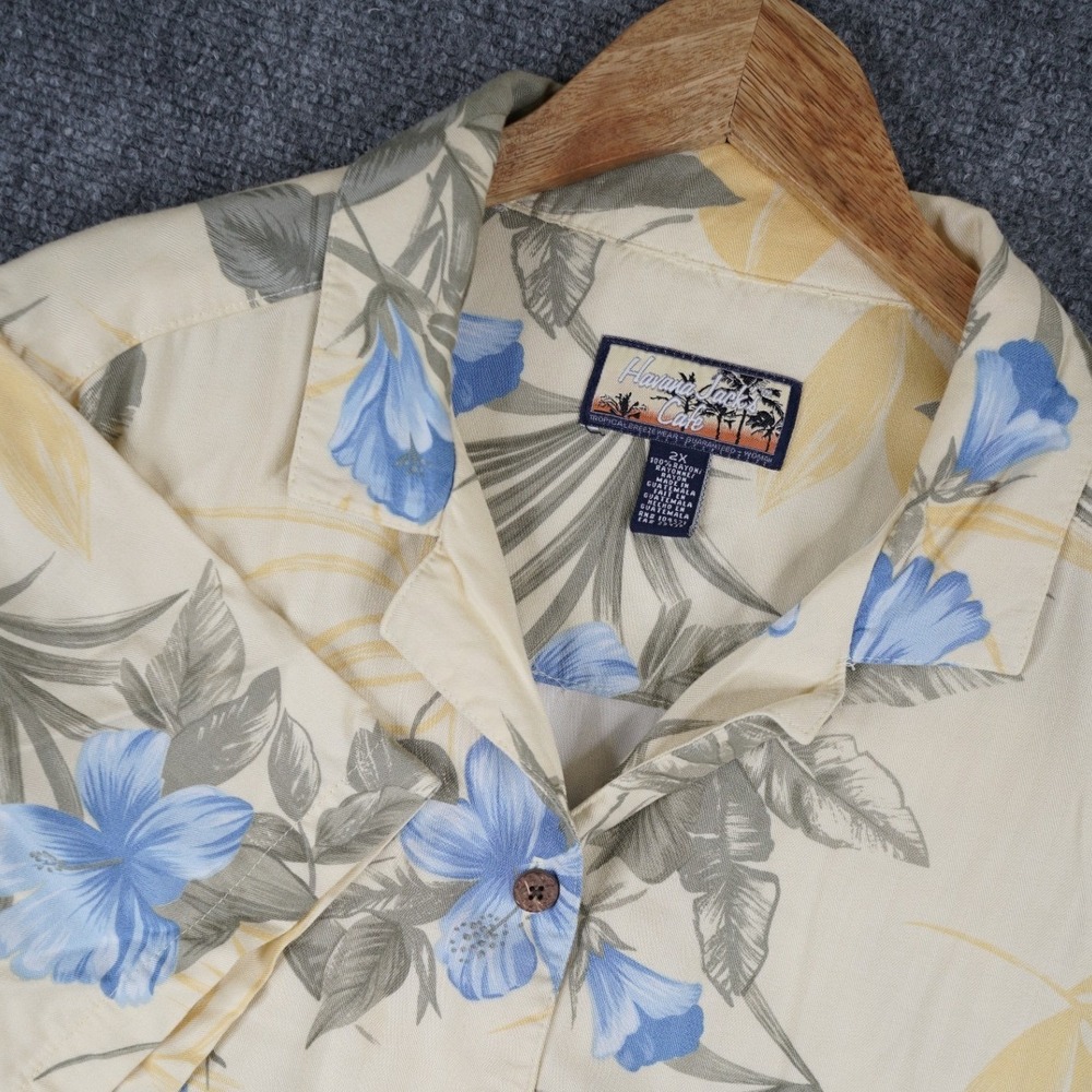 Havana Jacks Cafe Mens 2X Floral Hawaiian Camp Shirt‎ Blue Hibiscus Rayon Cream